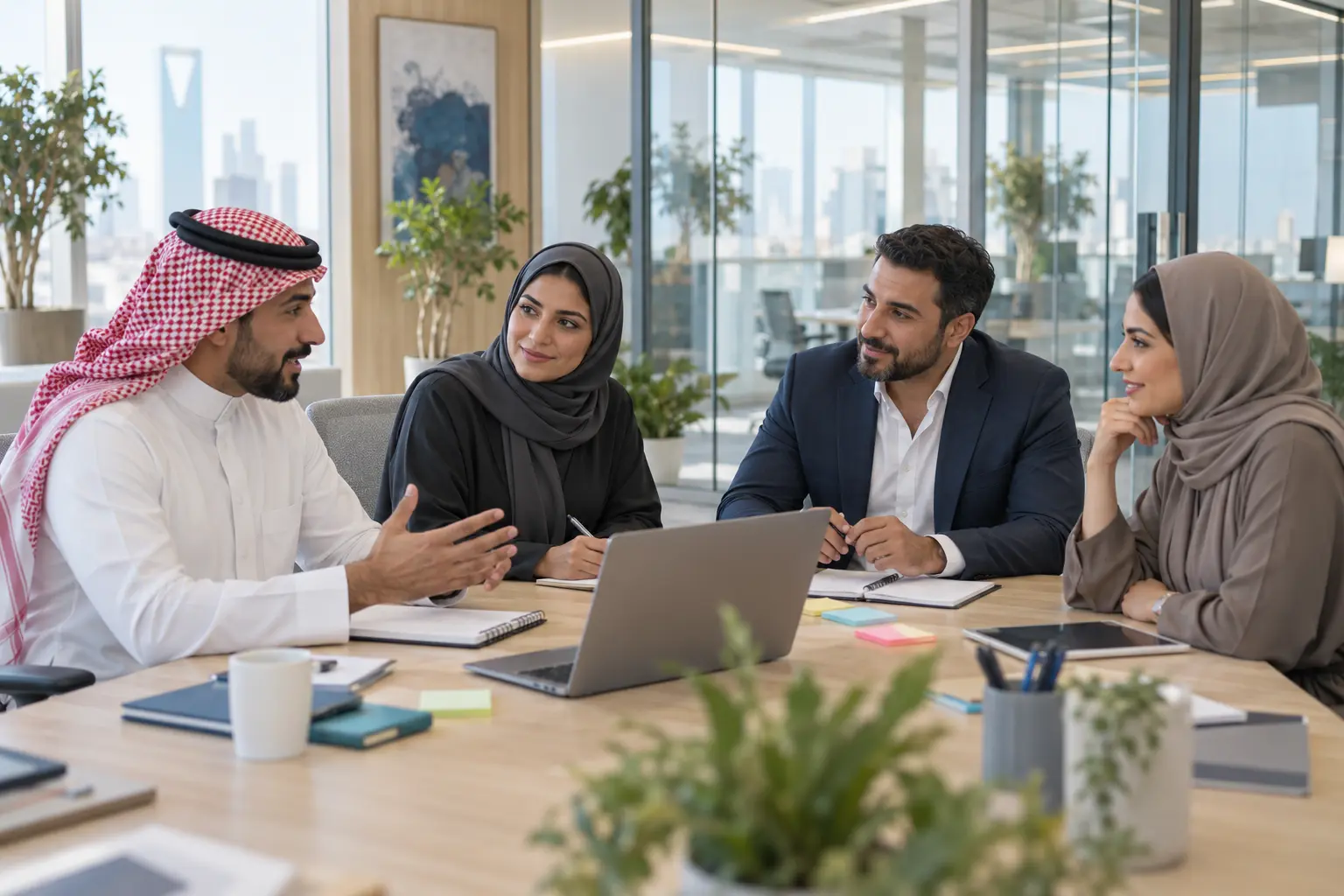 Project managers collaborating around a planning table in a bright Saudi office